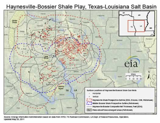Map of the Haynesville-Bossier Shale play in the Texas-Louisiana salt basin