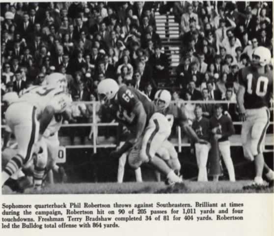 Photo of Louisiana Tech sophomore quarterback Phil Robertson throwing a pass in 1966