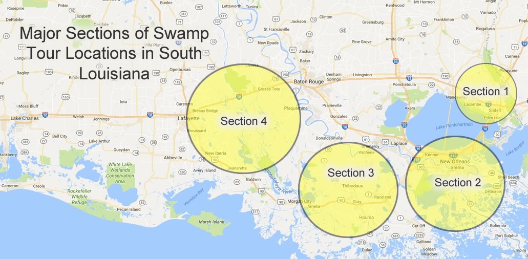 Map showing major sections of swamp tour locations in Louisiana
