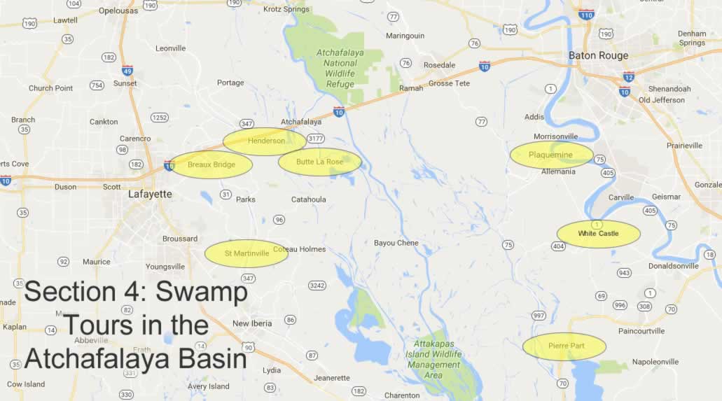 Map showing locations of swamp tours in Louisiana's Atchafalaya Basin