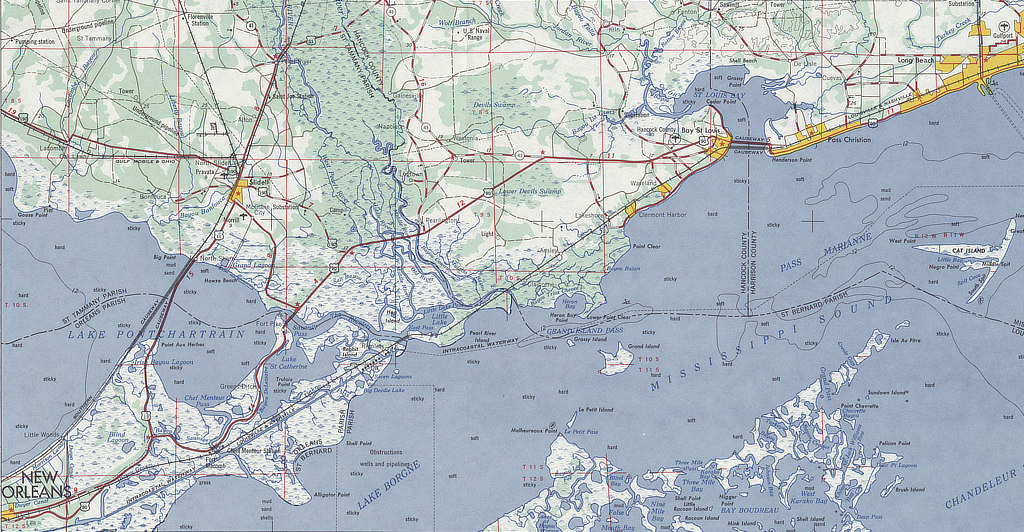 Map of New Orleans, Lake Pontchartrain, Slidell and the Mississippi Sound to Bay St. Louis