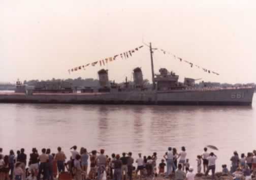 US Navy Destroyer DD661, the Kidd, nearing dock, downtown Baton Rouge