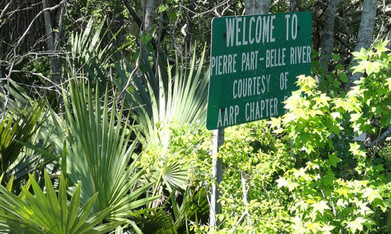 Welcome to Pierre Part and Belle River, Louisiana ...
Sign in the swamp nestled in palmettos and underbrush, just north of Pierre Part on La Highway 70