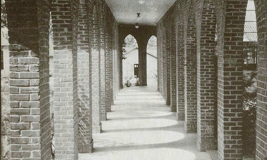 Covered arcade from the women's residence hall to the Women's Gymnasium at Louisiana Polytechnic Institute in Ruston