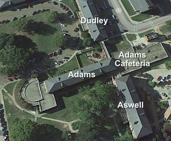 Aerial view showing the location of Adams Cafeteria at Louisiana Tech in Ruston 