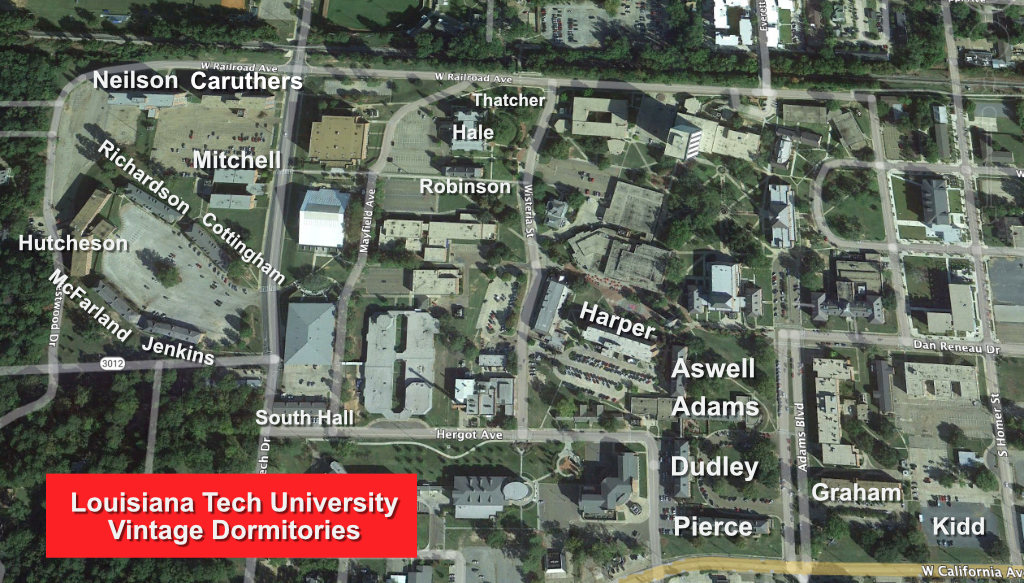 Map of Louisiana Tech University "vintage" dormitories, circa 2012