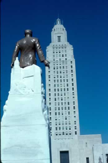 The Louisiana State Capitol, Baton Rouge, Louisiana, with the statue of Huey Long in the foreground